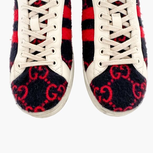 Gucci Ace GG Sneakers EU 7 US 7.5 Navy Blue Red Wool Lace Up Low Top Shoes - Picture 3 of 11